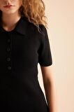 Fitted Polo Yaka Ribana Kısa Kollu Yırtmaçlı Midi Elbise