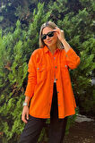 Oversize Yırtık Detay Turuncu Gabardin Gömlek Ceket