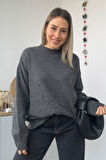 Oversize Bisiklet Yaka Gri Triko Kazak