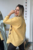 Oversize Başak Nakış Desen Sarı Gabardin Gömlek