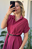 Kemerli Bordo Polo Yaka Modal Elbise