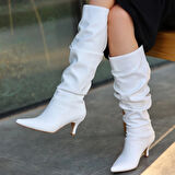 BİÇOMİ Zelya Beyaz Cilt Topuklu Çizme