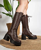 BİÇOMİ Guay Kahverengi Cilt Bağcıklı Topuklu Çizme