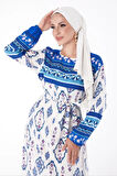 BİÇOMİ Düz Bisiklet Yaka Kadın Mavi Etnik Desenli Elbise