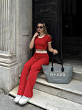 BİÇOMİ Crop pantolon biyeli takım kırmızı