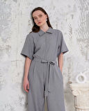 BİÇOMİ Kuşaklı gömlek yaka salaş tulum gri s255822