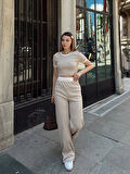BİÇOMİ Crop pantolon biyeli takım bej