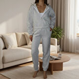 BİÇOMİ 3 iplik şardonlu Kapşonlu fermuarlı kısa üst gri pat8590