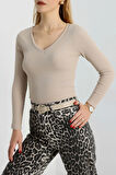 BİÇOMİ V yaka kaşkorse bluz bej a3699