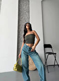 BİÇOMİ Baggy taş enzim bıyık yıkama jeans pantolon yeşil tint d2007