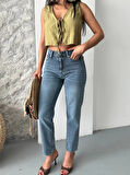 BİÇOMİ Mom fit bıyık kar yıkama jeans pantolon koyu mavi d2006