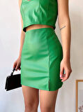 BİÇOMİ Tek yırtmaçlı arkadan fermuarlı deri etek yeşil s24475
