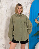 BİÇOMİ Relax fit keten gömlek haki s255349