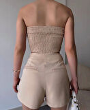 BİÇOMİ Arkadan büzgülü esnek büstiyer bej