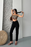 BİÇOMİ Mom fit enzim taş yıkama jeans pantolon siyah d2006