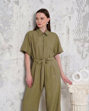 BİÇOMİ Kuşaklı gömlek yaka salaş tulum haki s255822