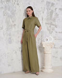 BİÇOMİ Kuşaklı gömlek yaka salaş tulum haki s255822