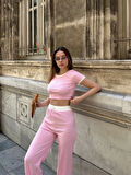 BİÇOMİ Crop pantolon biyeli takım pembe
