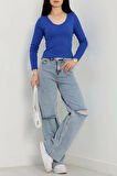 BİÇOMİ V yaka kaşkorse bluz saks mavisi a3699