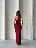 BİÇOMİ Krinkıl tek omuz uzun elbise bordo s25455