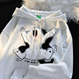 BİÇOMİ 3 iplik şardonlu oversize peluş baskılı sweat beyaz