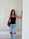 BİÇOMİ Ottoman toka askılı bluz siyah s4194