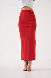 BİÇOMİ Uzun yırtmaçlı ince kumaş etek kırmızı