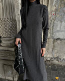 BİÇOMİ Boğazlı kalın bürümcük uzun elbise siyah