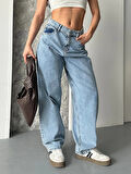 BİÇOMİ Baggy kar yıkama orta mavi jeans pantolon d2007