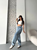 BİÇOMİ Baggy kar yıkama orta mavi jeans pantolon d2007