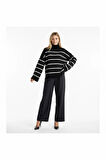 BİÇOMİ Çizgili ispanyol kol triko boğazlı kazak siyah elf