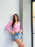 BİÇOMİ V yaka çizgili bluz pembe A3699