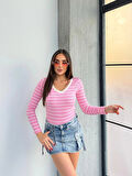 BİÇOMİ V yaka çizgili bluz pembe A3699