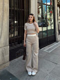 BİÇOMİ Crop pantolon biyeli takım bej