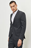 Erkek Koyu Gri Slim Fit Dar Kesim Mono Yaka Kareli Takım Elbise