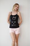 Monamise Kadın Kedi Desenli ve Baskılı "Night Princess!" Şort Takımı 20083