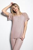 Monamise Kadın Brode Dantelli Önü Düğmeli Pijama Takımı 19286