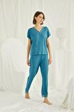 Monamise Kadın Kısa Kollu V Yakalı Dantelli Pijama Takımı 18474