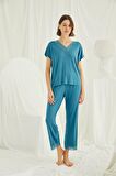Monamise Kadın Kısa Kollu V Yakalı Dantelli Pijama Takımı 18474