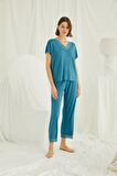 Monamise Kadın Kısa Kollu V Yakalı Dantelli Pijama Takımı 18474