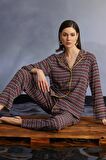 Monamise Kadın Etnik Desenli Gömlek Yakalı Önü Boydan Düğmeli Pijama Takımı