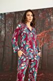 Monamise Kadın Çiçek ve Yaprak Desenli Önü Düğmeli Pijama Takımı 23144 