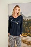 Monamise Kadın Yaprak Desenli "Romantic Life" Pijama Takımı 23168 