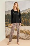 Monamise Kadın Yaprak Desenli "Natural Vibes" Pijama Takımı 23171 