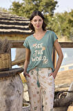 Monamise Kadın Desenli ve Baskılı "See the World" Pijama Takımı 24113 