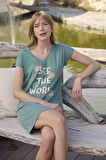 Monamise Kadın Dantelli ve Baskılı "See the World" Gecelik 24114 