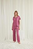 Monamise Kadın Kısa Kollu V Yakalı Dantelli Pijama Takımı 18579 