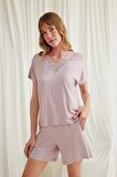 Monamise Kadın Kısa Kollu Dantelli V Yaka Şort Takımı 18583 