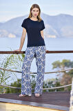 Monamise Kadın Etnik Desenli Kısa Kollu Bisiklet Yaka Büyük Beden Pijama Takımı 25111BAT. 