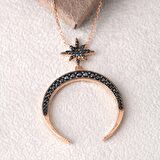 Zirkon Taşlı Pırlanta Montür Yıldız Hilal Rose Altın Kaplama Gümüş Kolye